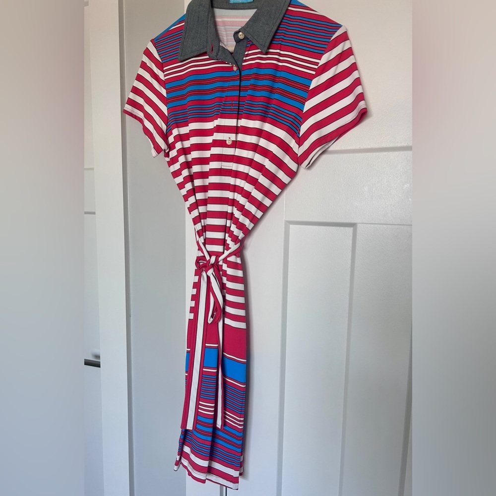 J. McLaughlin Striped Midi Dress - Pink/Coral, Blue, White with chambray collar